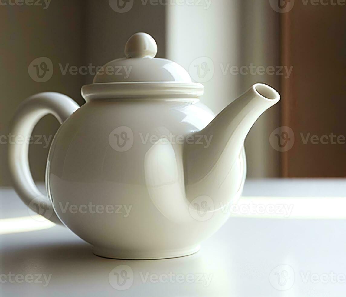 Weiß Porzellan Teekanne auf ein Weiß Tabelle im Sonnenlicht, ai Generation foto