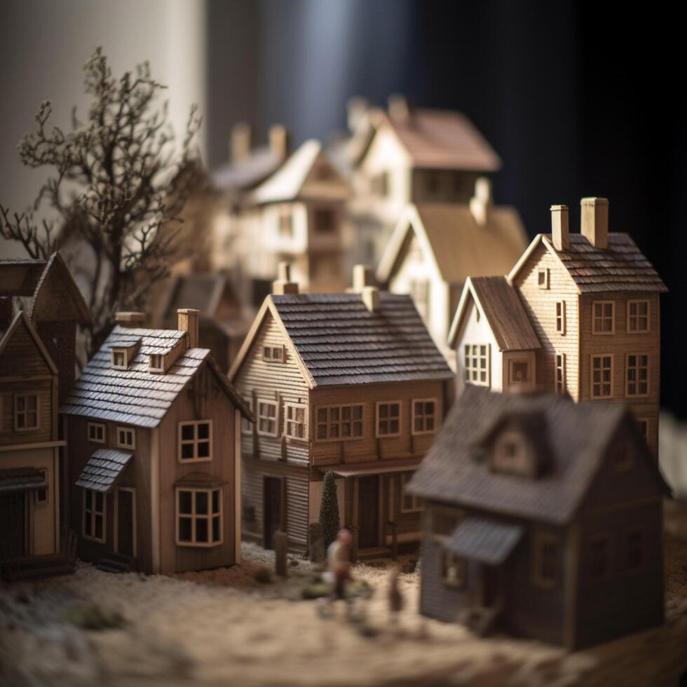 Modell- von Miniatur hölzern Haus ai generiert foto