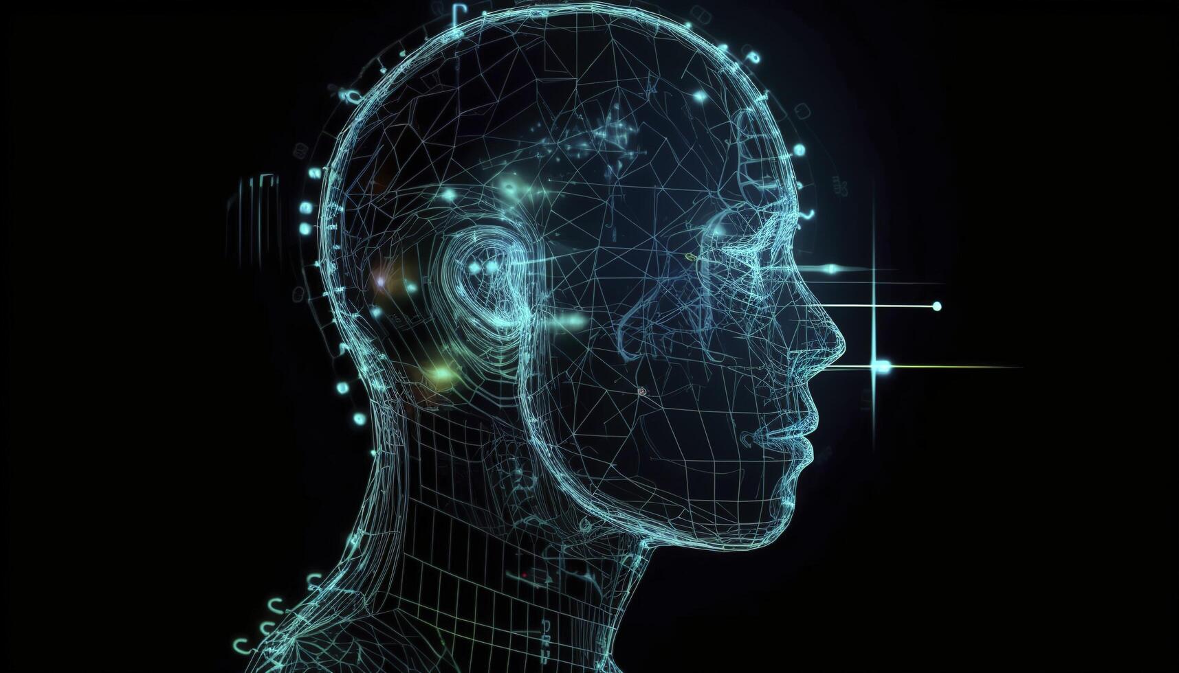künstlich Intelligenz, ein Humanoid Cyber Mensch mit ein neural Netzwerk denkt. ai Konzept von groß Daten oder Cyber Sicherheit. Plaudern gpt Konzept. ai mit ein Digital Gehirn Prozesse groß Daten. generativ ai foto