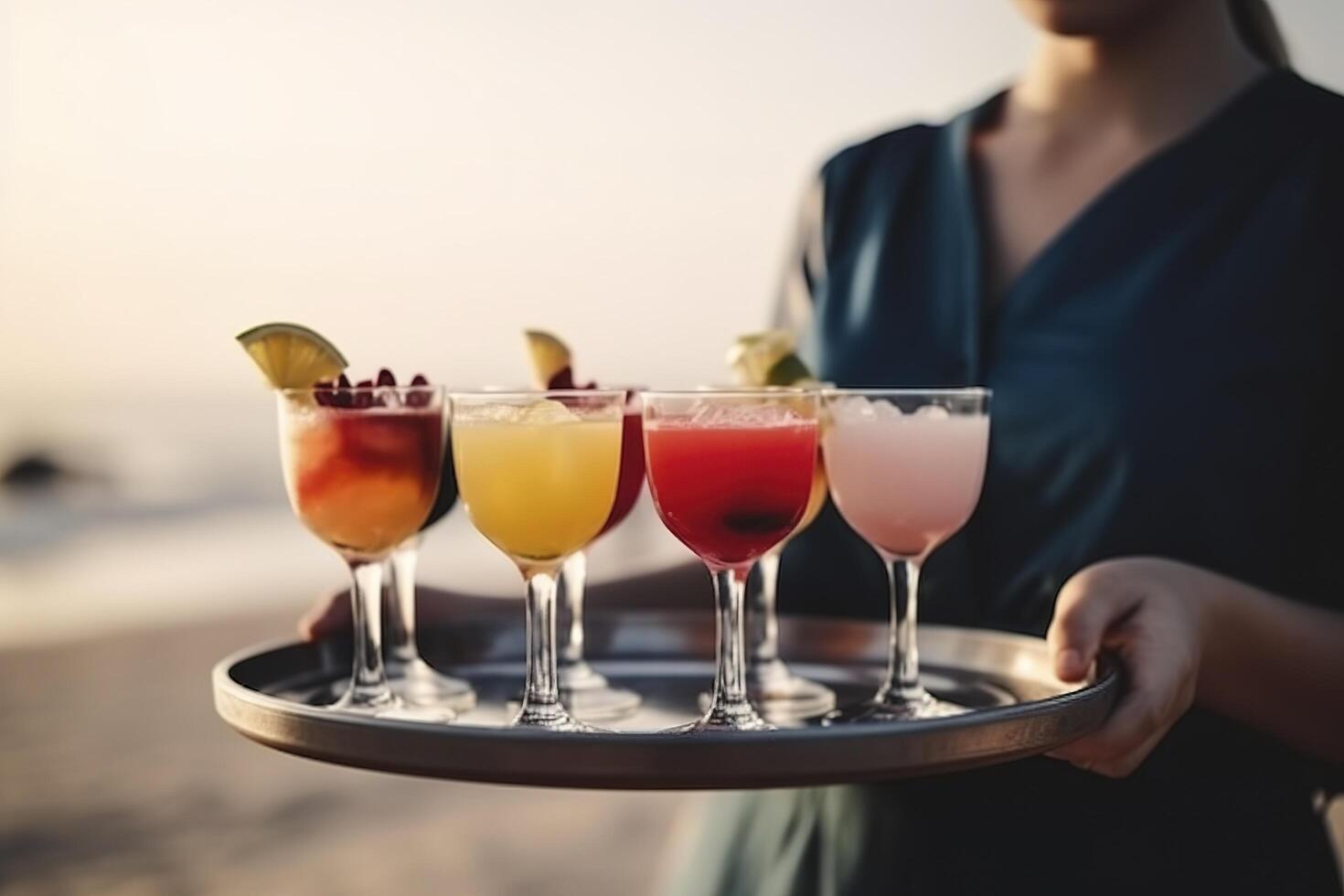 Kellnerin Portion Cocktails auf das Strand. jung Frau im Uniform Portion kalt Getränke beim ein Strand im draussen Cafe oder Strand Bar. Strand Party, Sommer- Ferien und Ferien Konzept. ai generiert Bild. foto