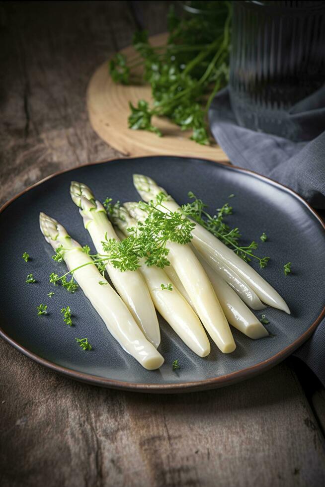 modern Stil traditionell gedämpft Weiß Spargel mit Butter Soße und Kresse serviert Nahansicht auf ein nordisch Design Platte, generieren ai foto