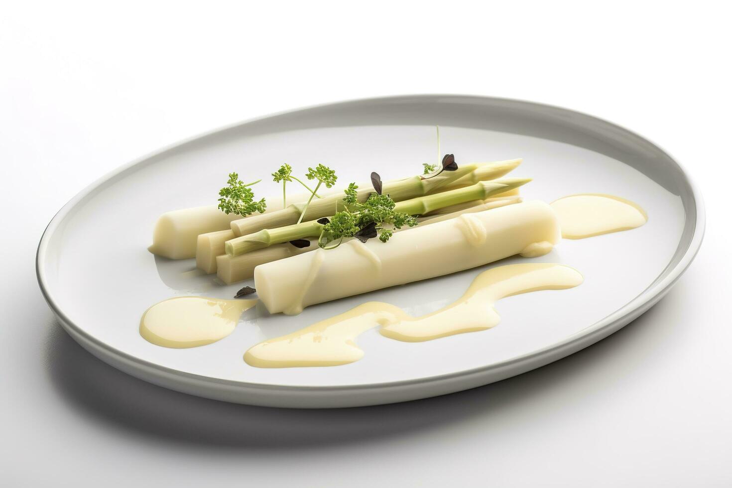 modern Stil traditionell gedämpft Weiß Spargel mit geheilt Schinken und Hollandaise Soße serviert wie oben Aussicht auf ein nordisch Design Teller mit Kopieren Raum, generieren ai foto