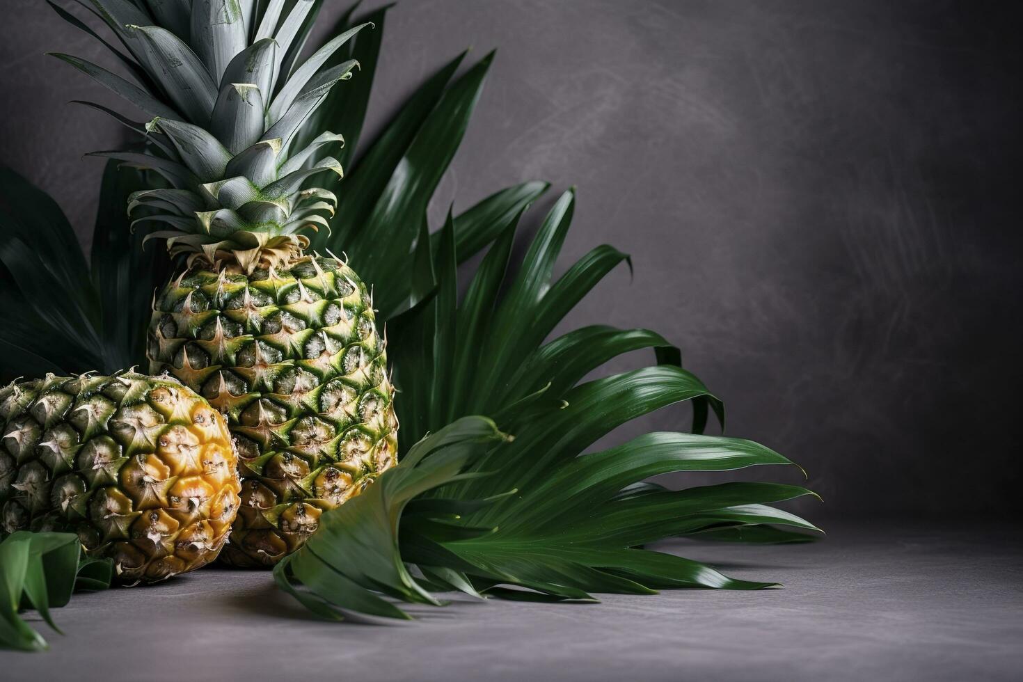 frisch Ananas mit tropisch Blätter auf grau Hintergrund. , generieren ai foto