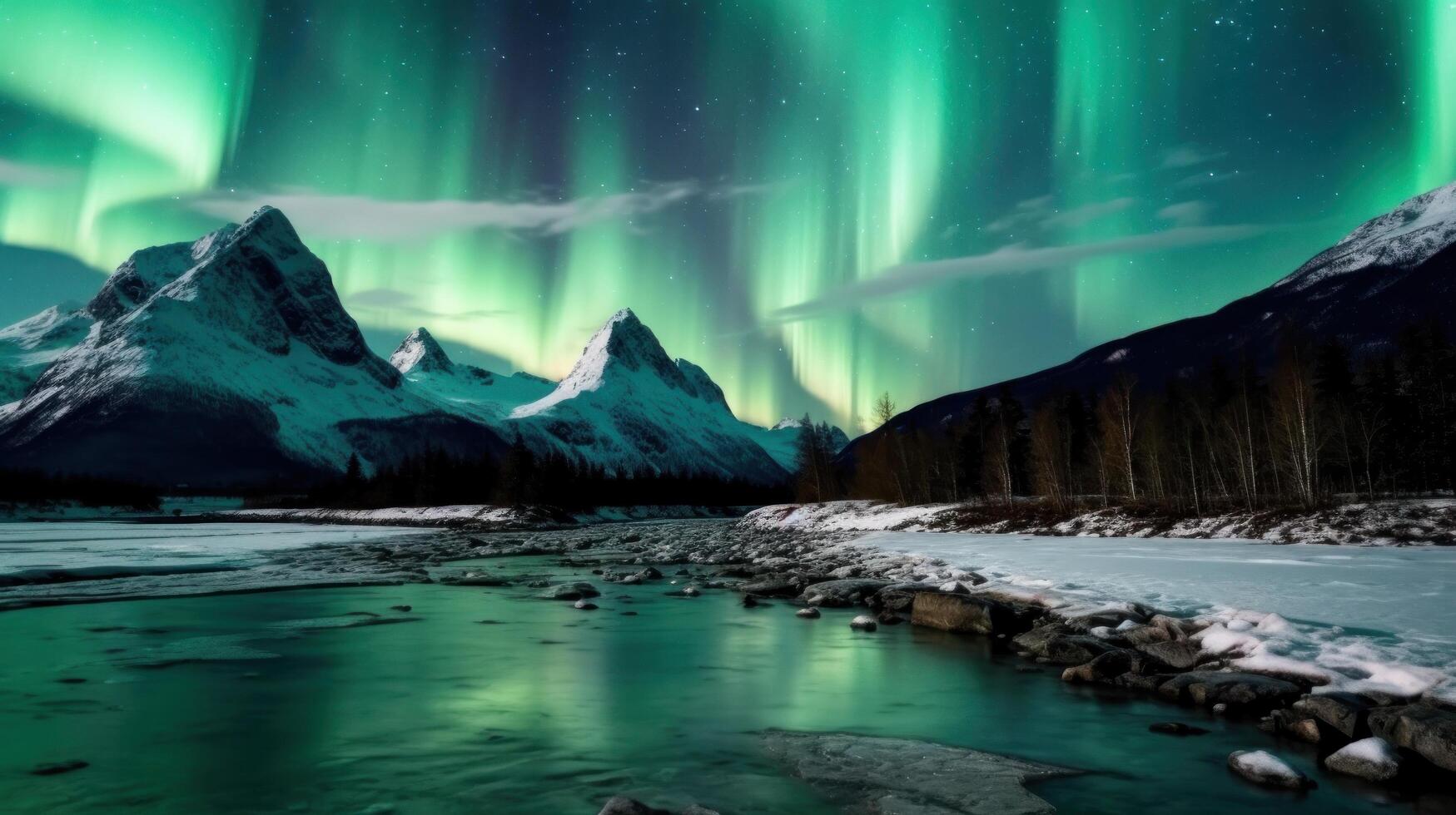 Nord Beleuchtung über Berge Illustration ai generativ foto