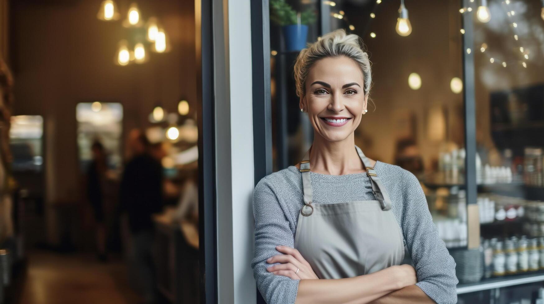 glücklich Frau , klein Geschäft Inhaber im beiläufig tragen grau Schürze. Illustration ai generativ foto