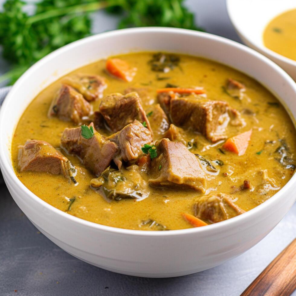 Schüssel von herzhaft cremig jamaikanisch Essen Ziege Curry Suppe ai generiert foto