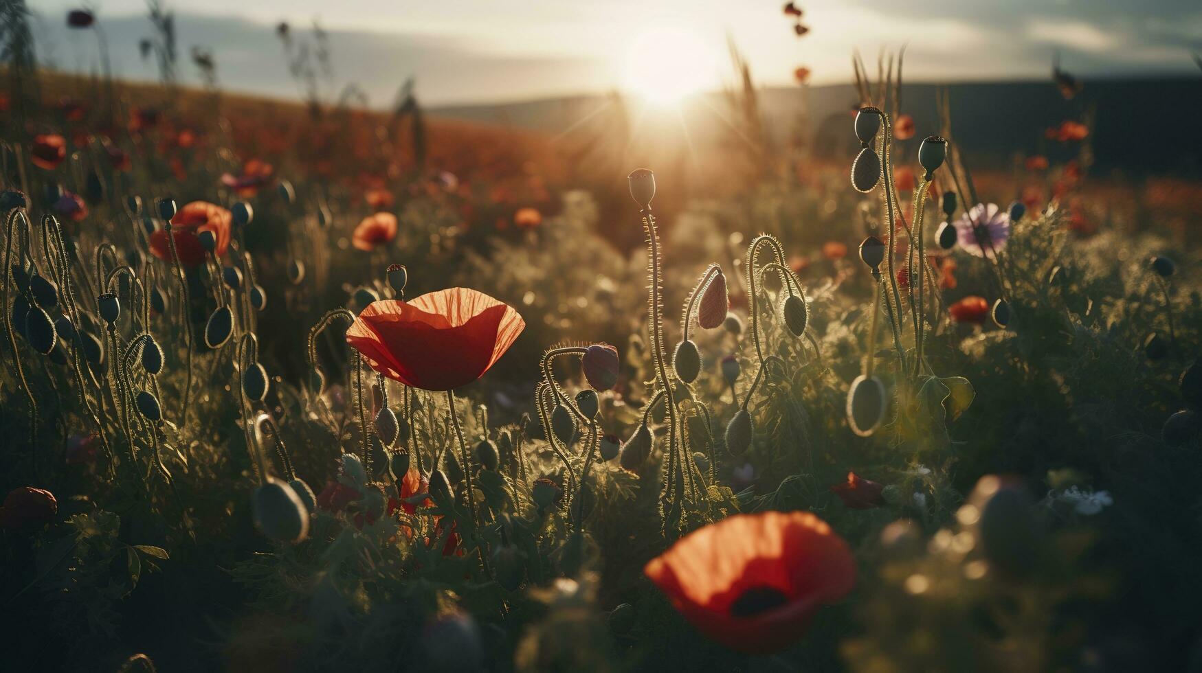 ein atemberaubend Foto erfasst das golden Stunde im ein Feld von strahlend rot Mohn, symbolisieren das Schönheit, Widerstandsfähigkeit, und Stärke von Natur, generieren ai