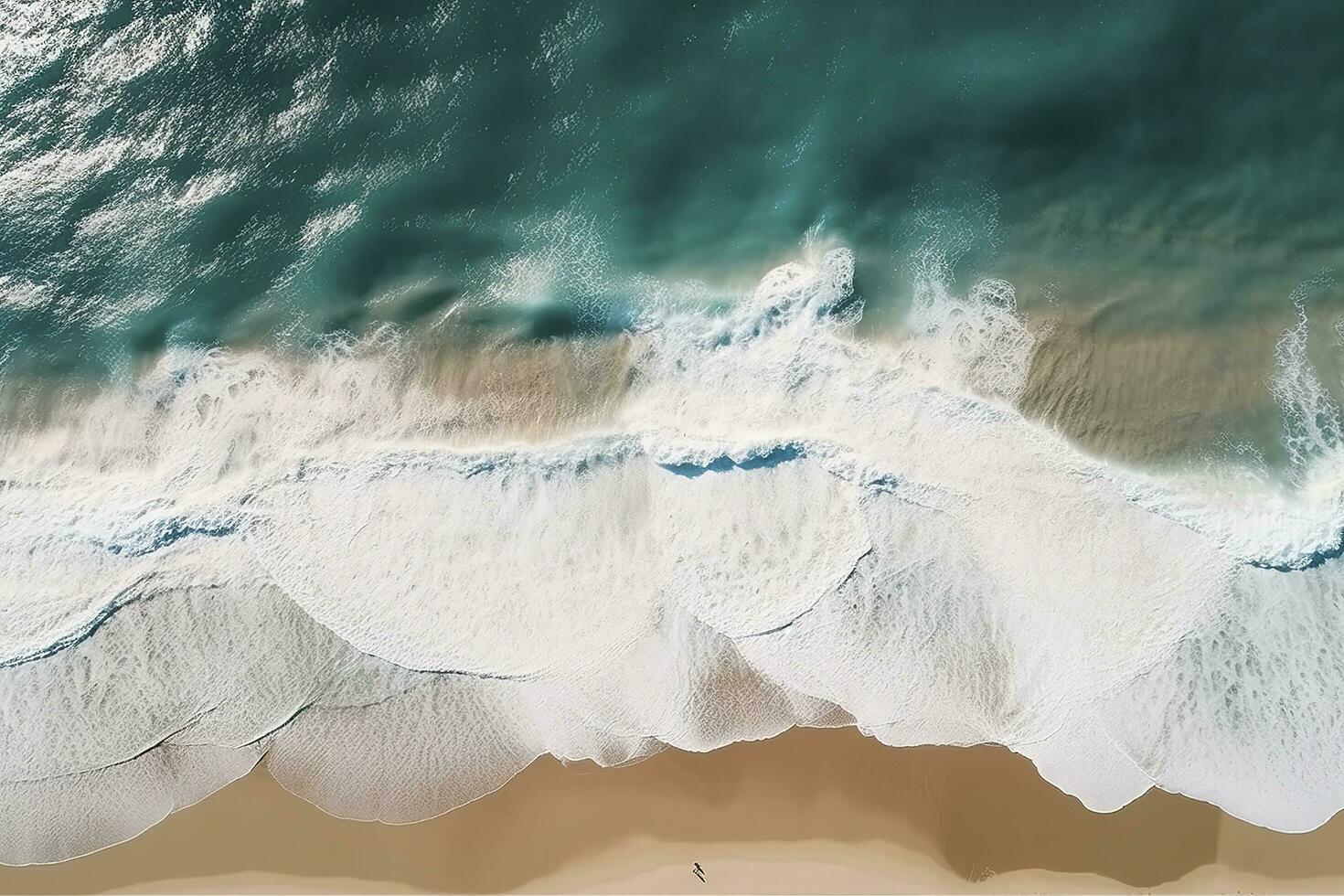 Ozean Wellen auf das Strand wie ein Hintergrund. schön natürlich Sommer- Ferien Ferien Hintergrund. Antenne oben Nieder Aussicht von Strand und Meer mit Blau Wasser Wellen, generieren ai foto