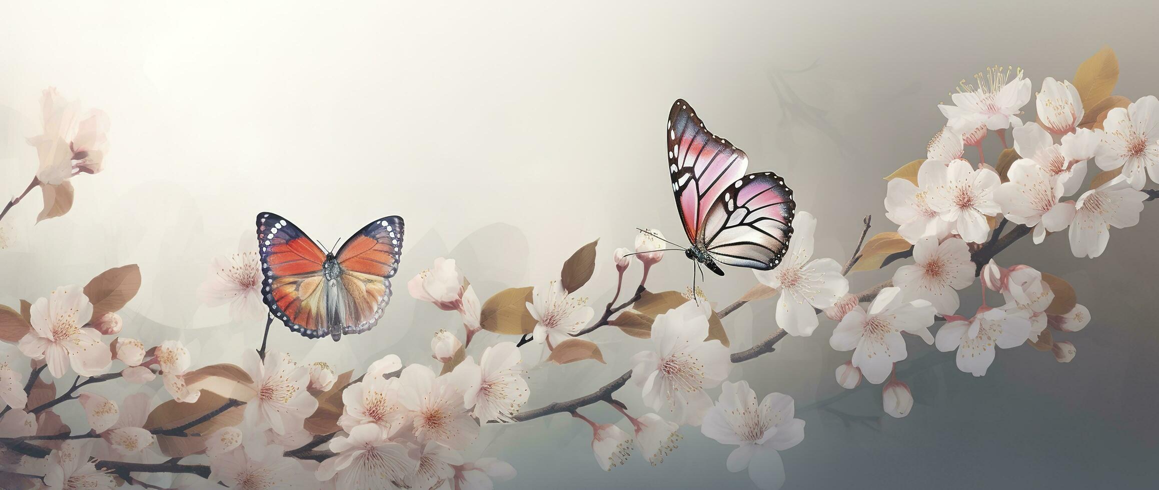 Frühling Banner, Geäst von blühen Kirsche gegen das Hintergrund von Blau Himmel, und Schmetterlinge auf Natur draußen. Rosa Sakura Blumen, verträumt romantisch Bild Frühling, Landschaft Panorama, generieren ai foto