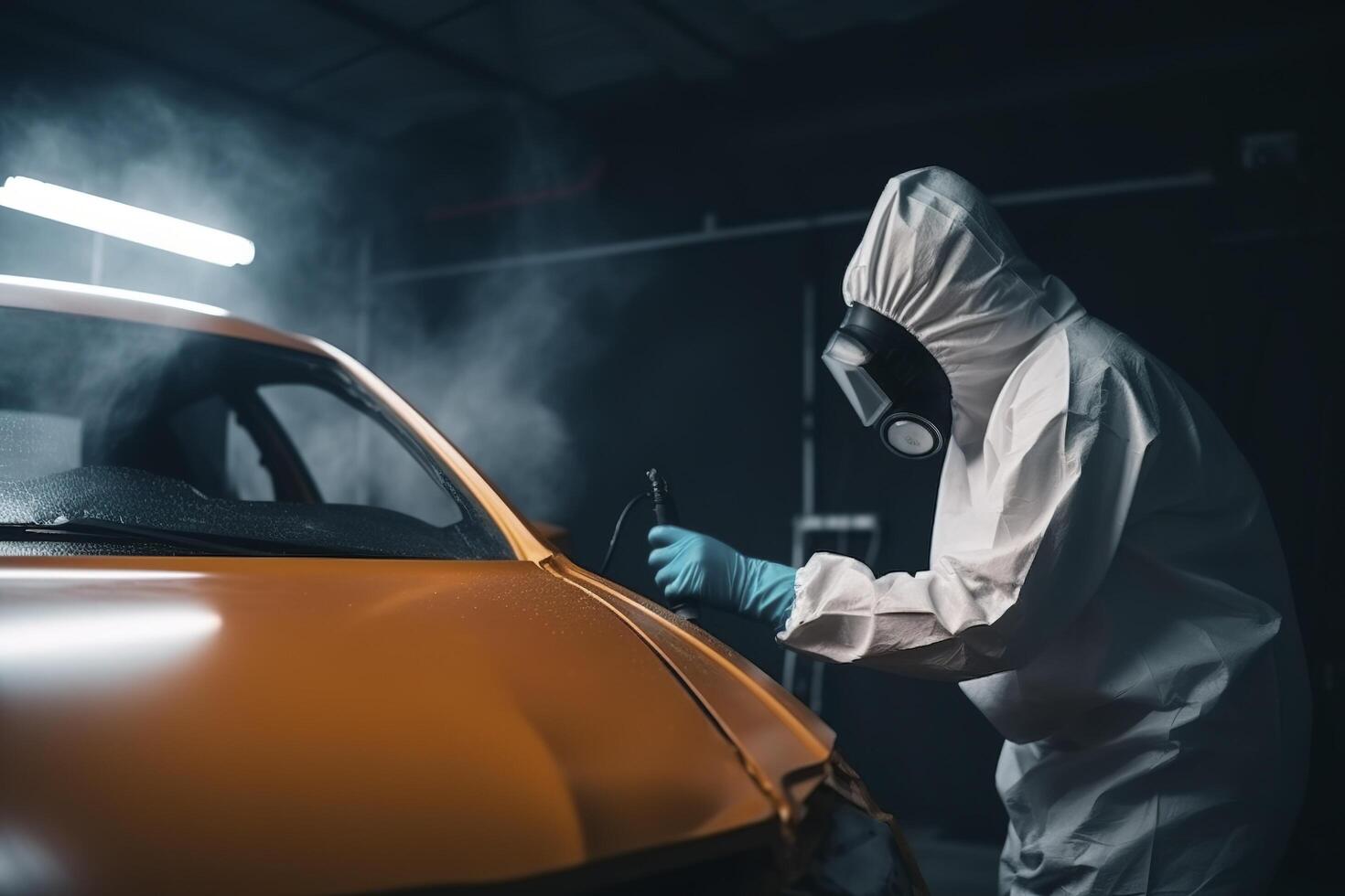 Auto Maler im schützend Kleider und Maske Gemälde ein Auto, Mechaniker mit ein Farbe sprühen Gewehr im ein Gemälde Kammer. Karosserie, Farbe Arbeit, Auto Service, Körperfarbe Garage. ai generiert Bild foto