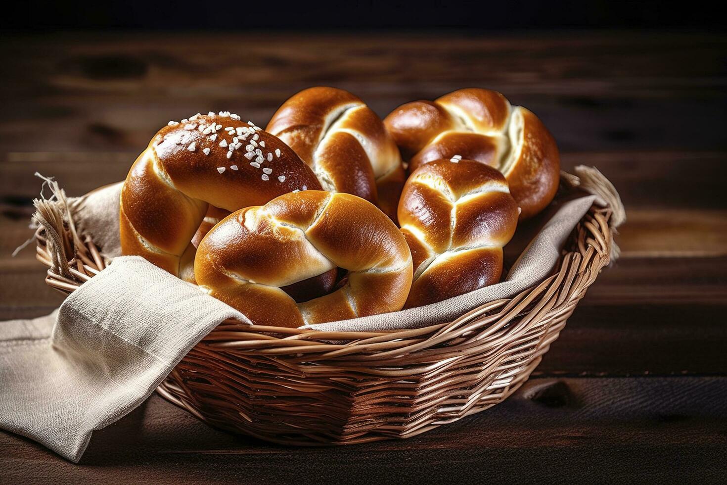 Brezel Stöcke und Brezel Rollen, bayerisch Lauge Brötchen mit Salz- im ein Korb, generieren ai foto