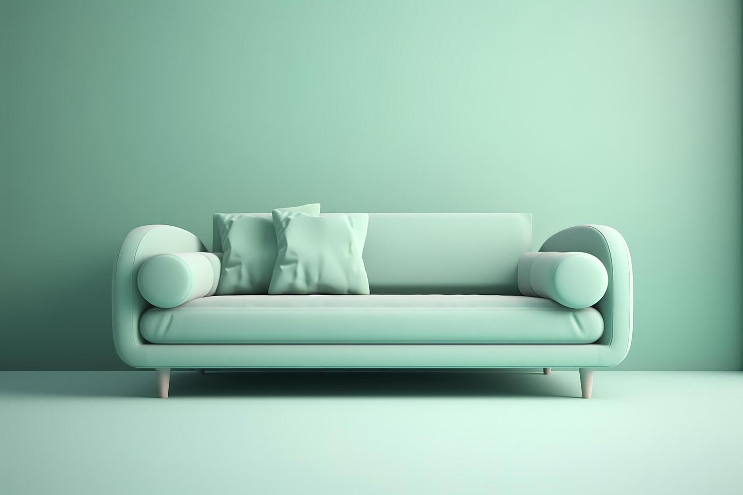 Sanft Blau Sofa auf ein Blau Hintergrund, 3d Illustration, modern minimalistisch Leben Zimmer Innere Detail. Gemütlichkeit, Sozial Medien und Verkauf Konzept, kreativ Werbung Idee, ai generiert Bild. foto