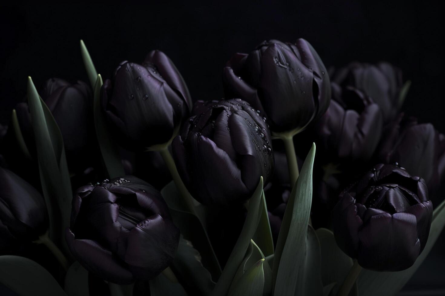 schwarz Tulpen auf schwarz Hintergrund. minimalistisch zeitgenössisch Bündel von elegant Frühling Blumen. ai generiert Bild. foto