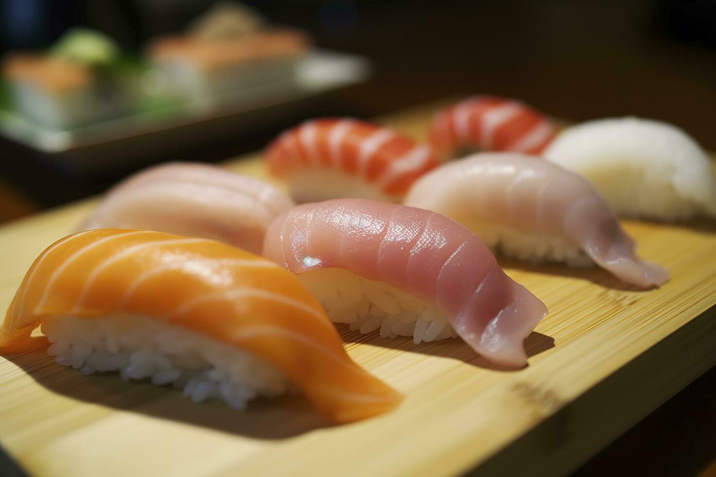 köstlich Sushi mit schön Hintergrund, generieren ai foto