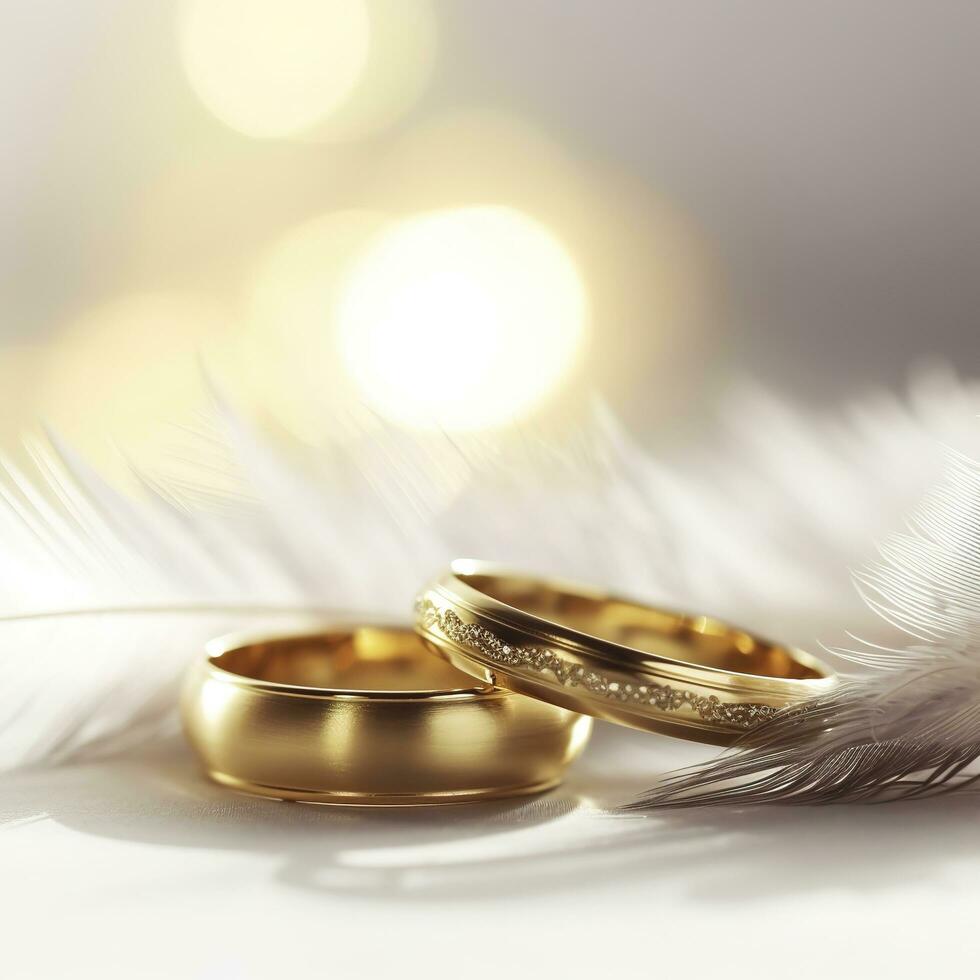 zwei golden Hochzeit Ringe und Feder - - Licht Sanft Hintergrund , erzeugen ai foto