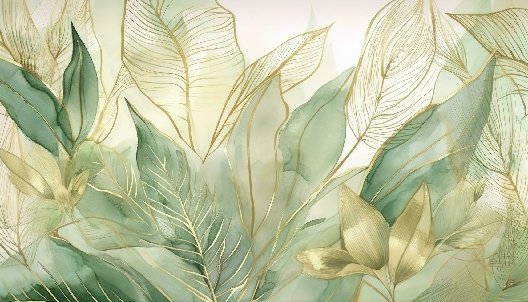 tropisch Laub Aquarell Hintergrund Vektor. Sommer- botanisch Design mit Gold Linie Kunst, Palme Blätter, Grün Aquarell Textur. Luxus tropisch Illustration zum Banner, generieren ai foto