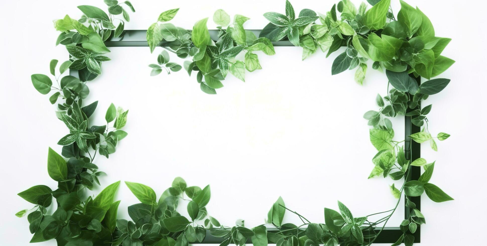 Grün Pflanze und Blätter Rahmen isoliert auf Weiß Hintergrund, zum Hochzeit Einladungen und Gruß Karten, generieren ai foto