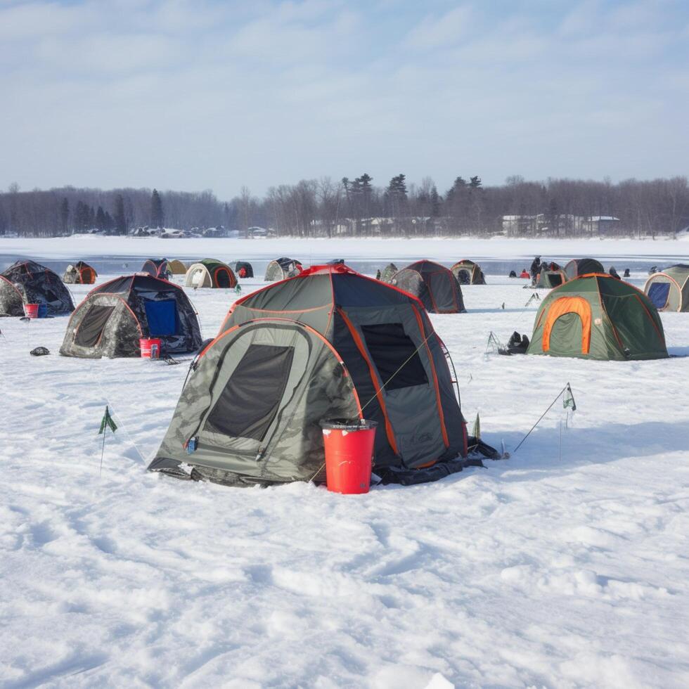 Eis Angeln im Zelt Winter Meisterschaft Sport ai generiert foto