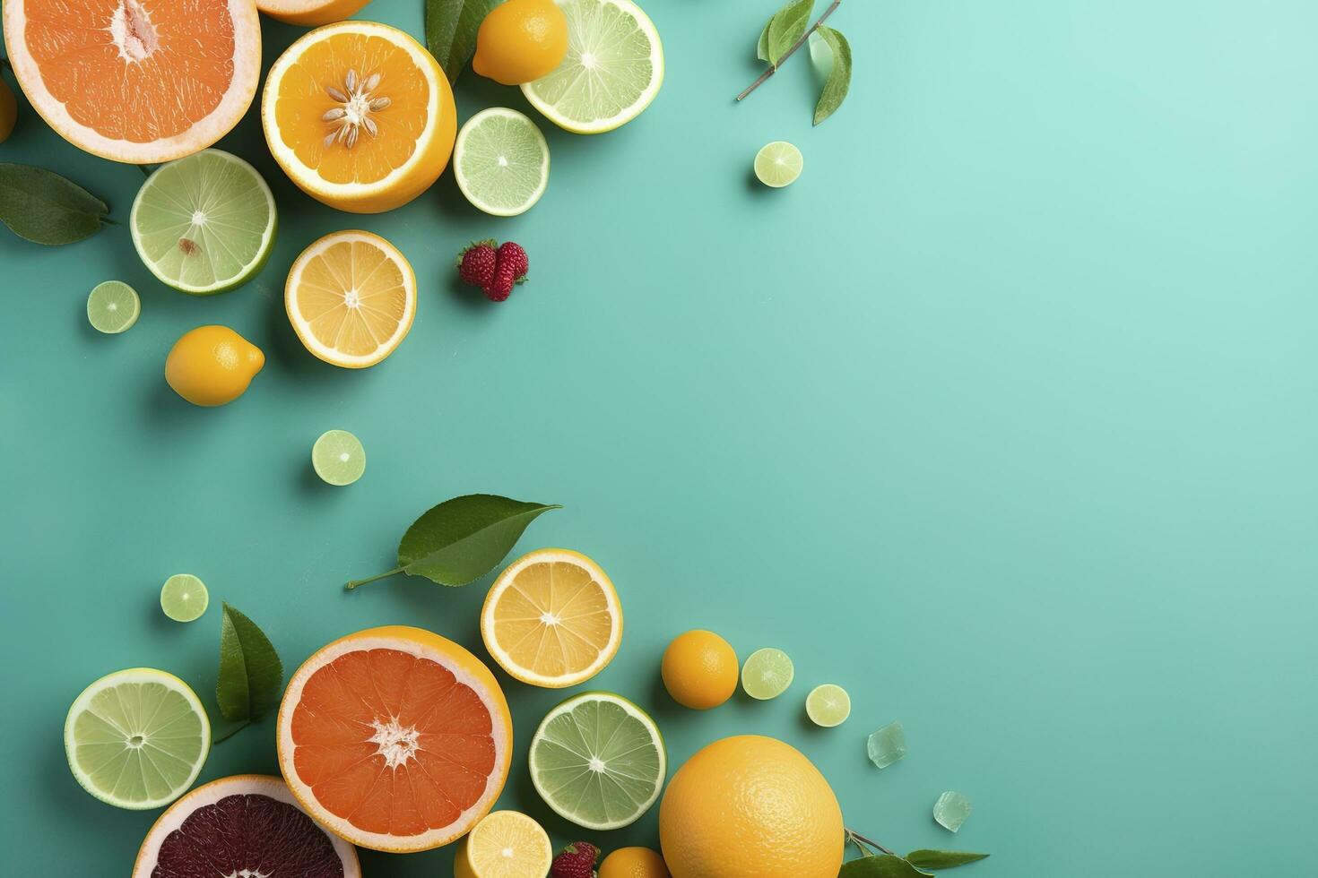 Zitrusfrüchte Paradies Konzept. oben Aussicht von saftig Orangen, Zitronen, Zitronen und Grapefruits auf Türkis Hintergrund mit leeren Raum zum Werbung Text, generieren ai foto