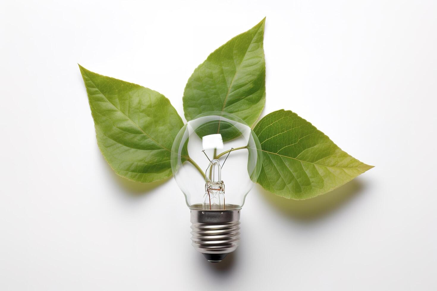 umweltfreundlich die Glühbirne von frisch Blätter oben Sicht, Konzept von verlängerbar Energie und nachhaltig Leben, erstellt mit generativ ai Technologie foto