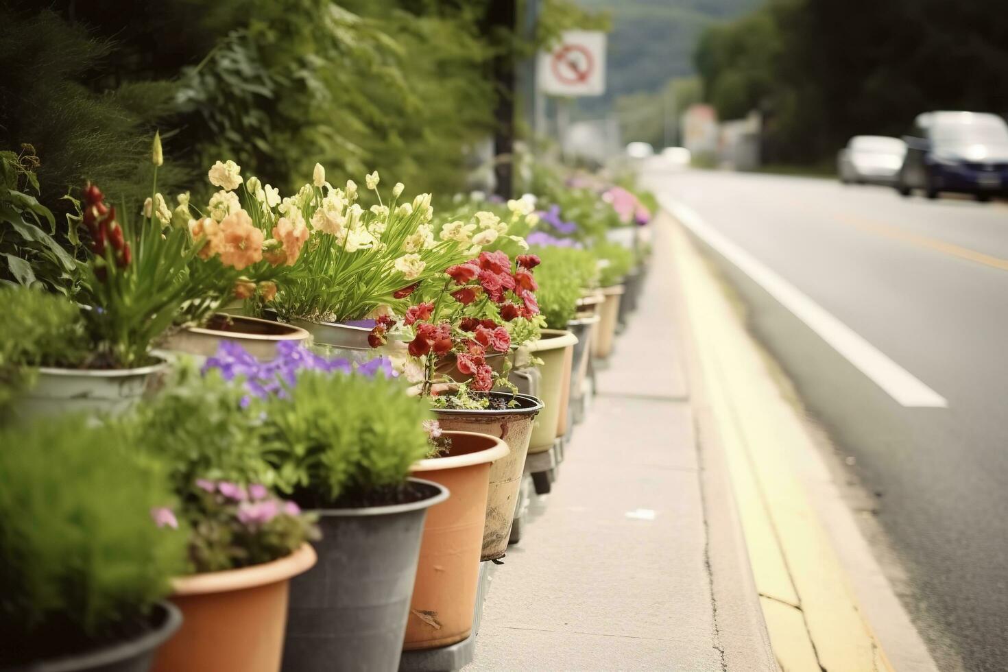 Blume Töpfe auf das Seite von das Straße, generieren ai foto