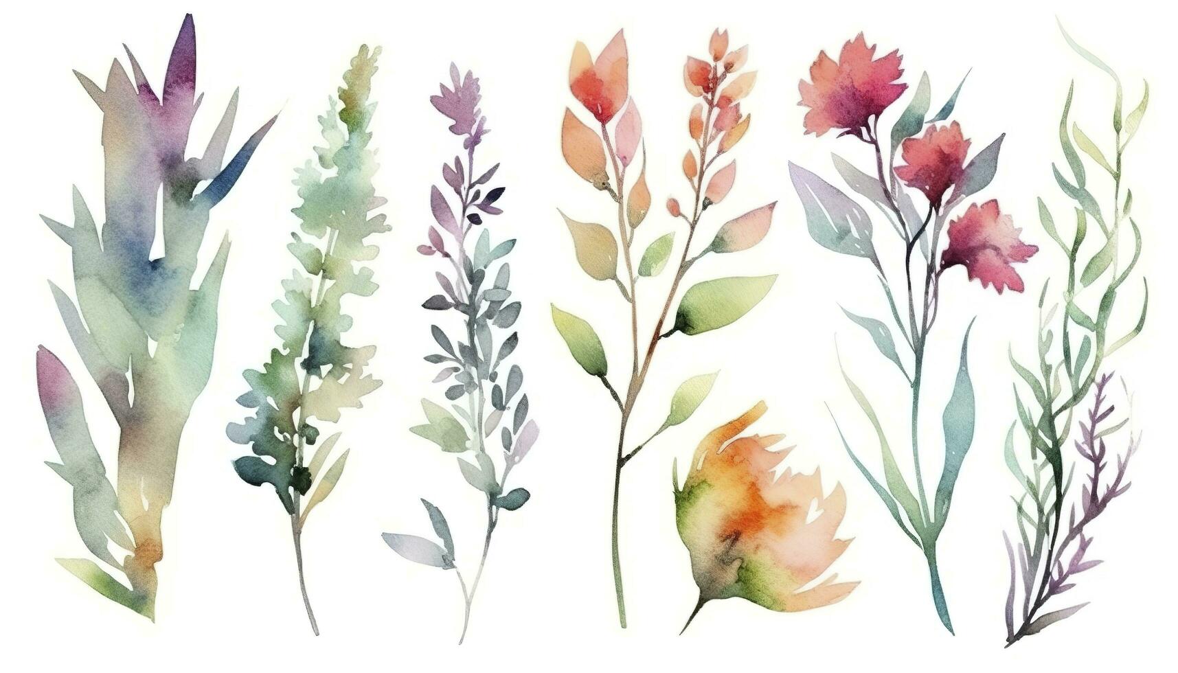 schön abstrakt Aquarell bunt Blume Design. Aquarell Blumen- nahtlos Muster mit bunt Wildblumen, Blätter. bunt Frühling Blume Hintergrund mit Aquarell, generieren ai foto