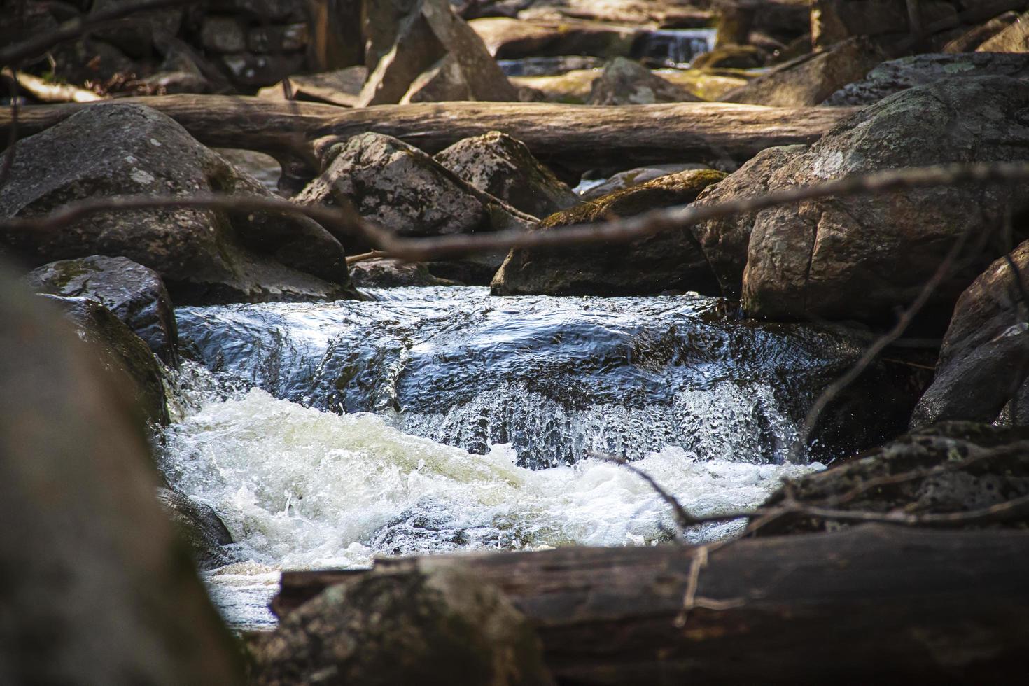 Wasser fließt über Felsen in einem Bach foto