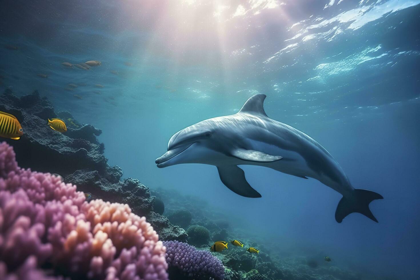 Delfine Schwimmen im das unterseeisch, schön unter Wasser und bunt Koralle im das wild Natur von das Pazifik Ozean, generieren ai foto