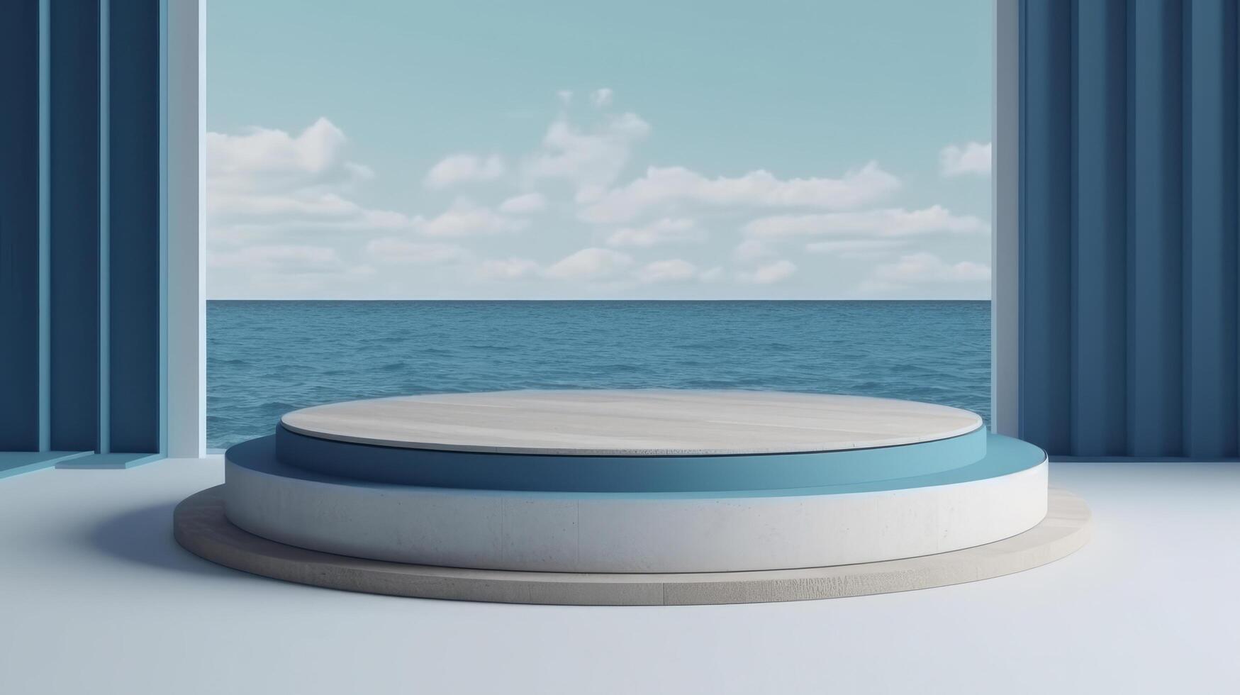 Blau Kreis Podium auf Ozean Hintergrund. Illustration ai generativ foto