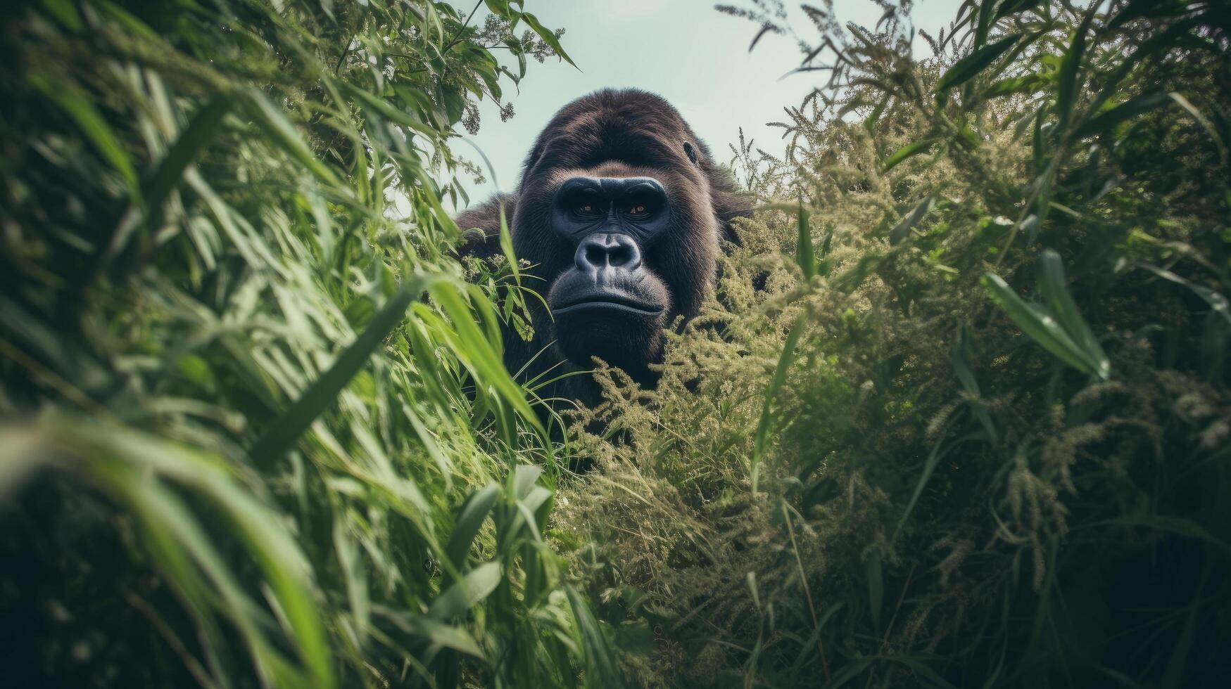 Riese Gorilla versteckt im das Unkraut Illustration ai generativ foto