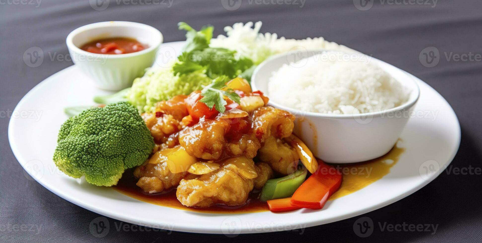 Reis mit Süss und sauer dorry Fisch ebenfalls gesund Gemüse, generieren ai foto