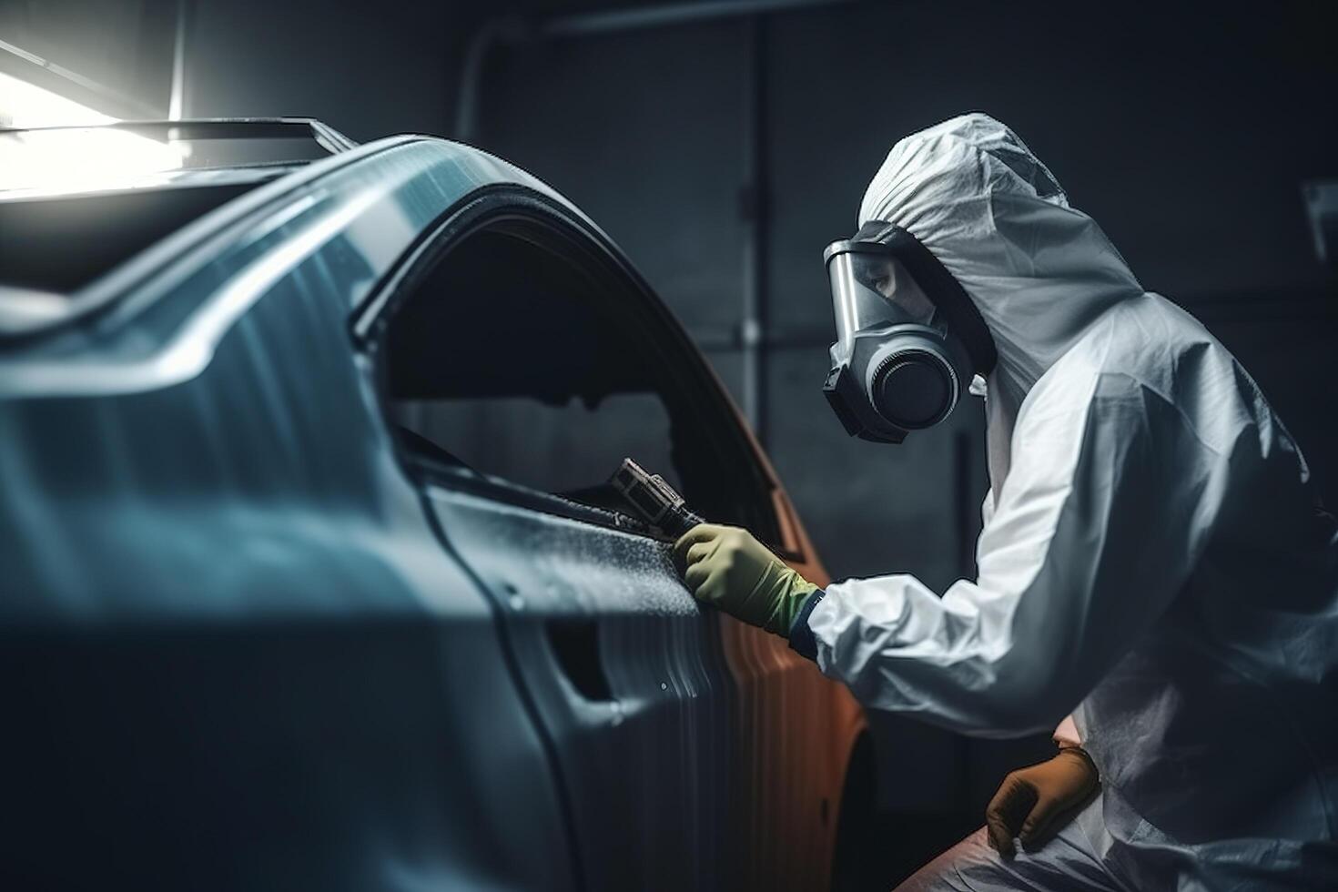 Auto Maler im schützend Kleider und Maske Gemälde ein Auto, Mechaniker mit ein Farbe sprühen Gewehr im ein Gemälde Kammer. Karosserie, Farbe Arbeit, Auto Service, Körperfarbe Garage. ai generiert Bild foto