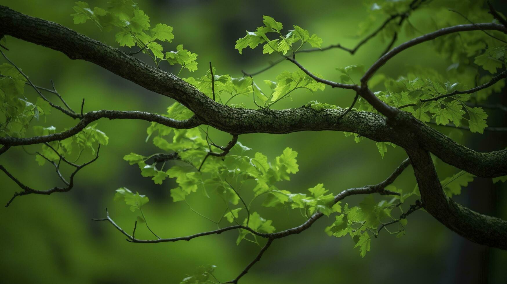 Erde Tag und Welt Umgebung Tag, Frühling, tropisch Baum Blätter und Ast mit schön Grün Wald Hintergrund, generieren ai foto