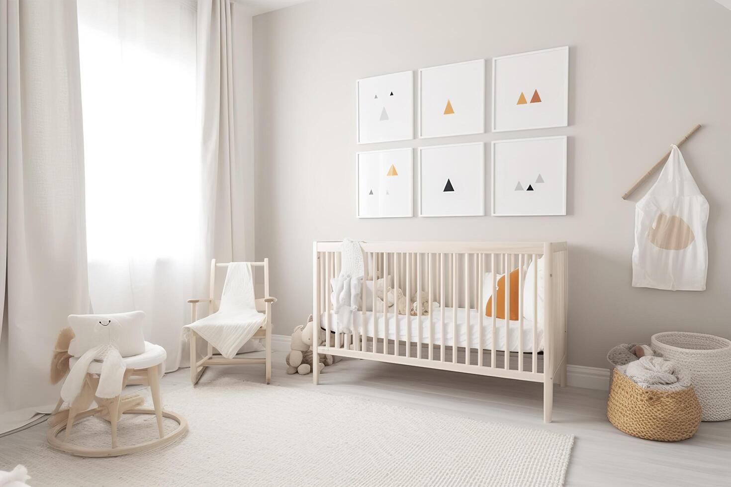 modern minimalistisch Kindergarten Zimmer im skandinavisch Stil. Baby Zimmer Innere im Licht Farben, ai generiert Bild foto