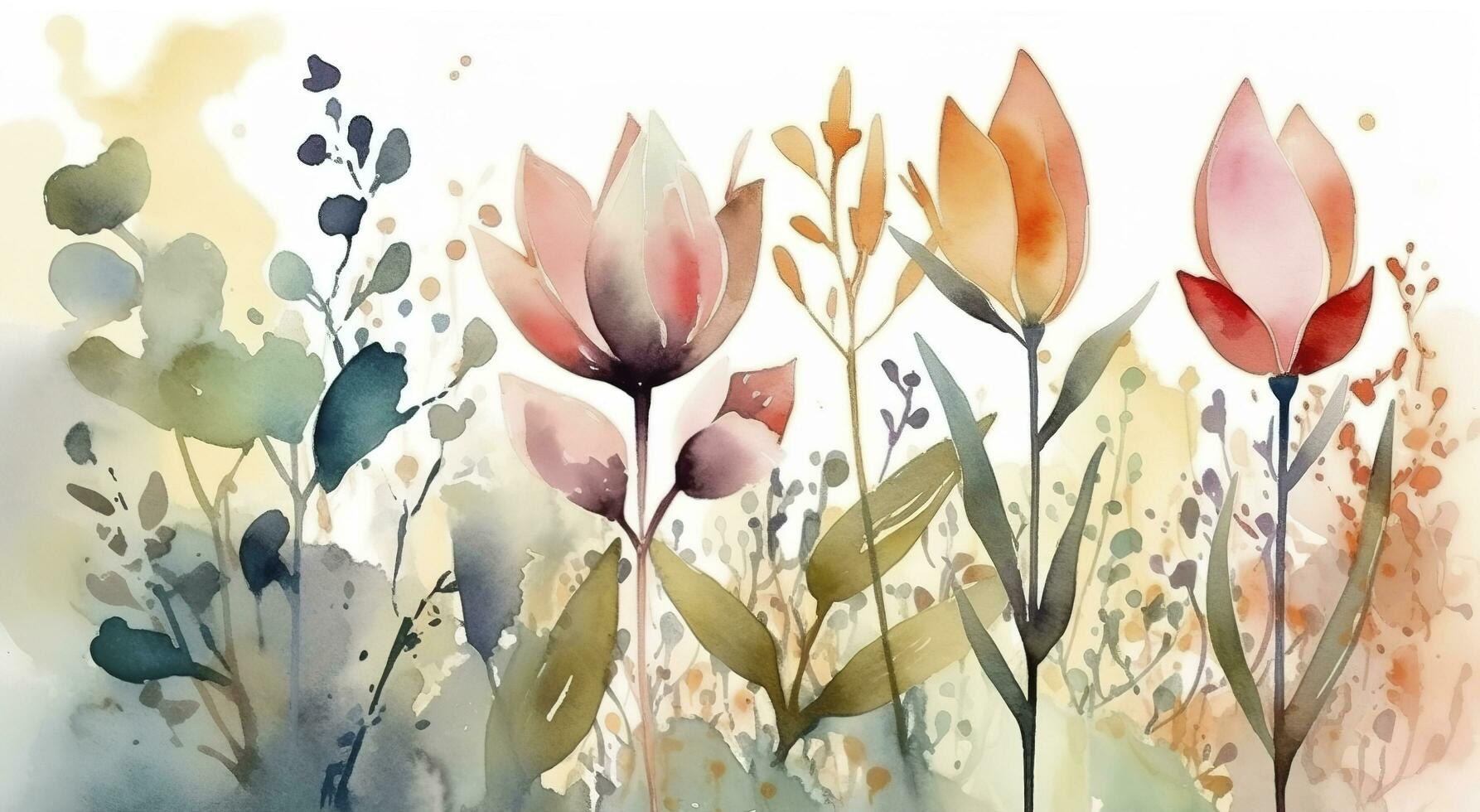 schön abstrakt Aquarell bunt Blume Design. Aquarell Blumen- nahtlos Muster mit bunt Wildblumen, Blätter. bunt Frühling Blume Hintergrund mit Aquarell, generieren ai foto