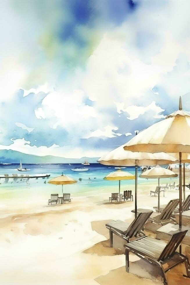 schön Strand Banner. Weiß Sand, Stühle, und Regenschirm Reise Tourismus breit Panorama Hintergrund Konzept. tolle Strand Aquarell Landschaft Aquarell malen, generieren ai foto