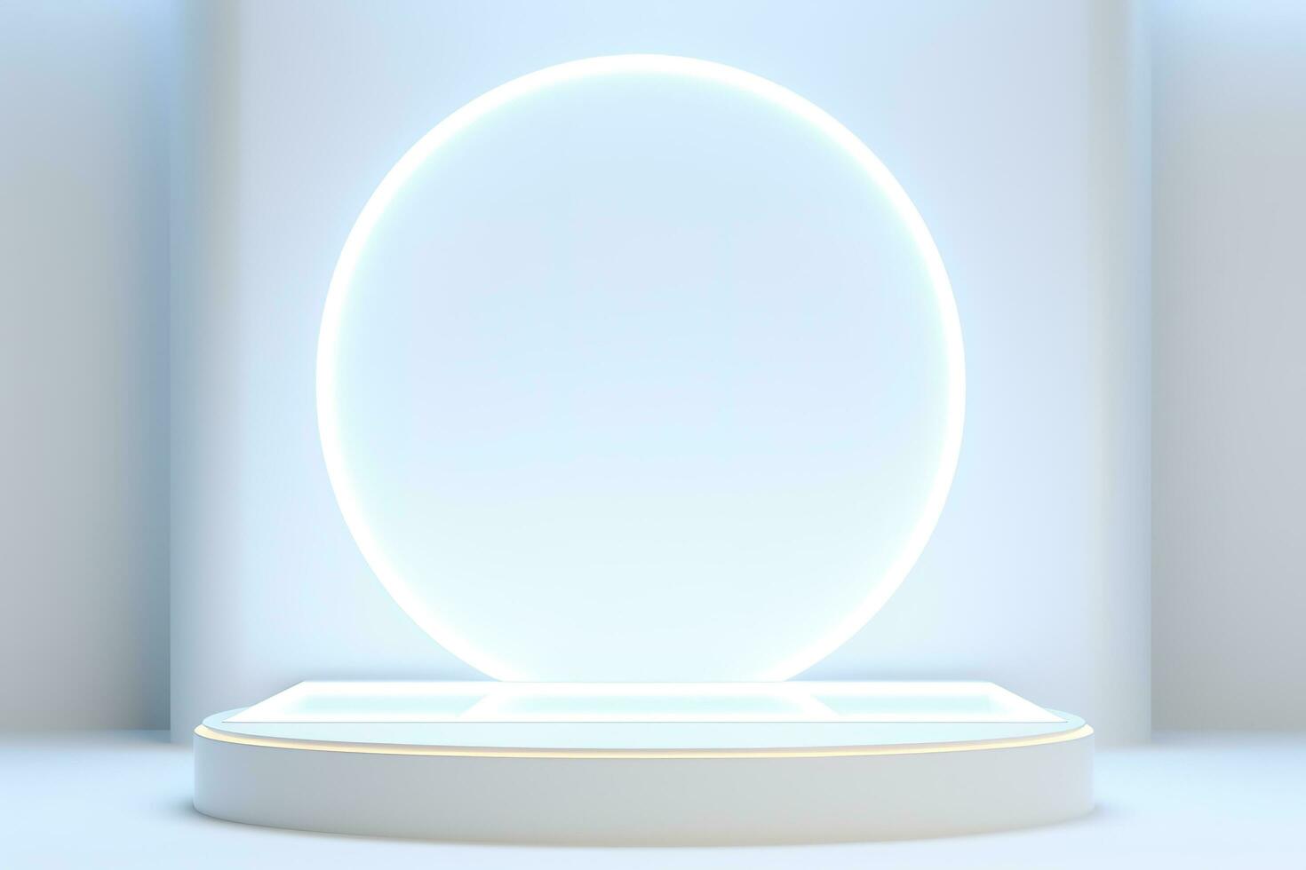 abstrakt 3d Silber Zylinder Sockel Podium schwebend auf Luft mit glühend Neon- Ring Hintergrund. Silber Mauer Szene zum Produkt Anzeige Präsentation. Rendern geometrisch Plattform, generieren ai foto