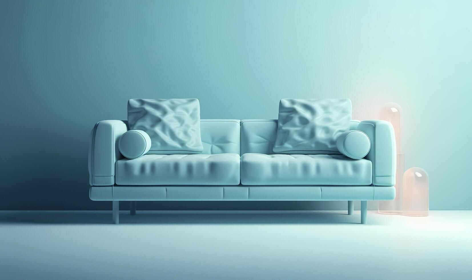 Sanft Blau Sofa auf ein Blau Hintergrund, 3d Illustration, modern minimalistisch Leben Zimmer Innere Detail. Gemütlichkeit, Sozial Medien und Verkauf Konzept, kreativ Werbung Idee, ai generiert Bild. foto