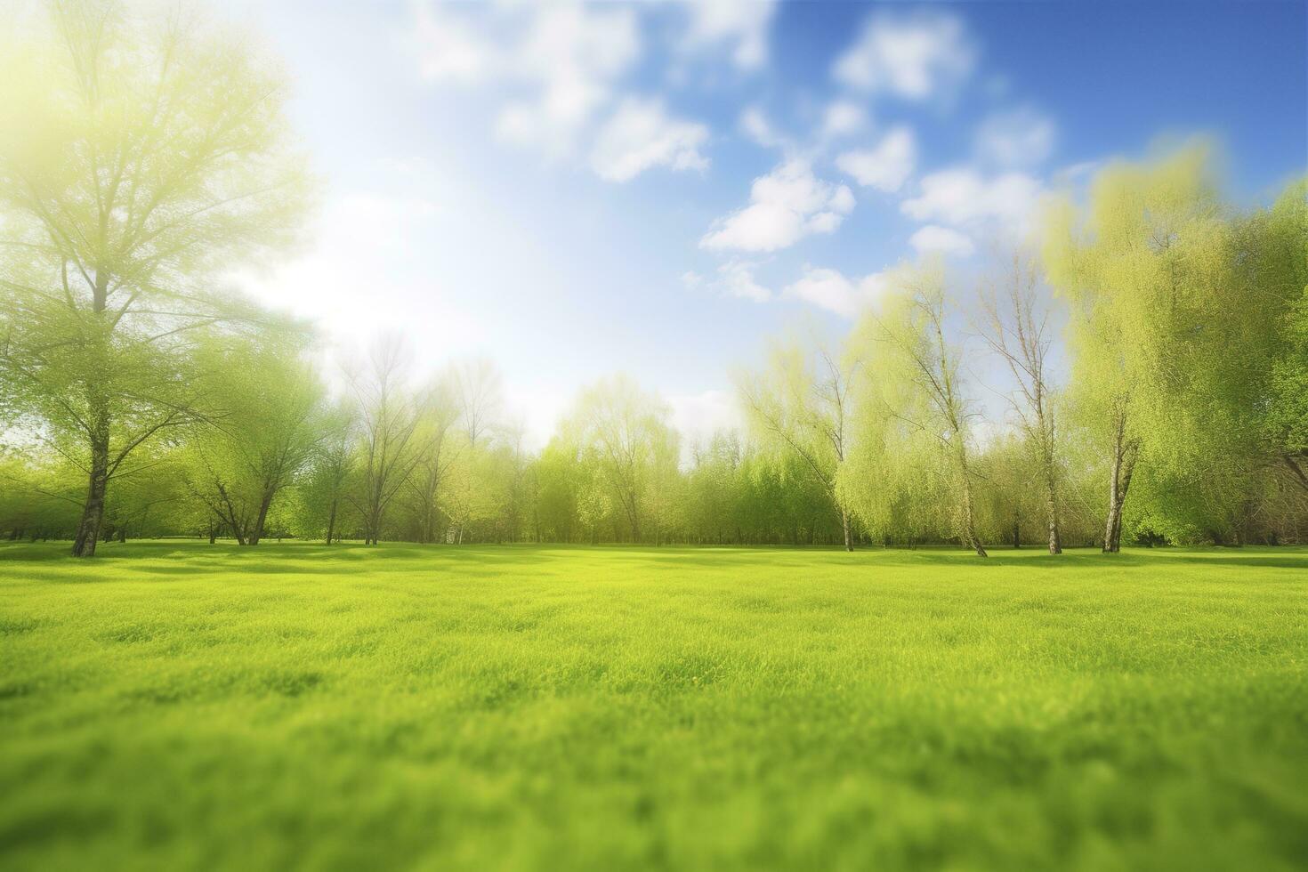 schön verschwommen Hintergrund Bild von Frühling Natur mit ein ordentlich getrimmt Rasen umgeben durch Bäume gegen ein Blau Himmel mit Wolken auf ein hell sonnig Tag, generieren ai foto