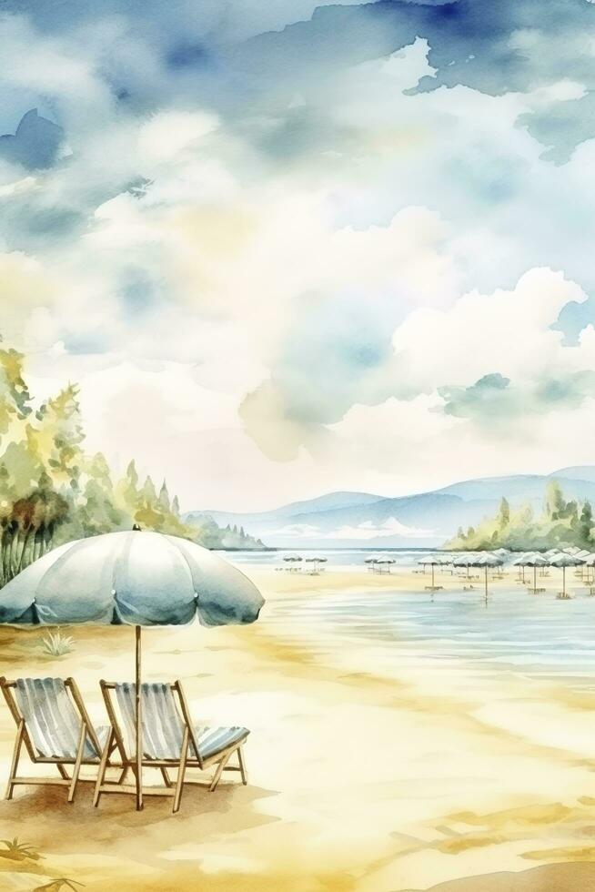 schön Strand Banner. Weiß Sand, Stühle, und Regenschirm Reise Tourismus breit Panorama Hintergrund Konzept. tolle Strand Aquarell Landschaft Aquarell malen, generieren ai foto