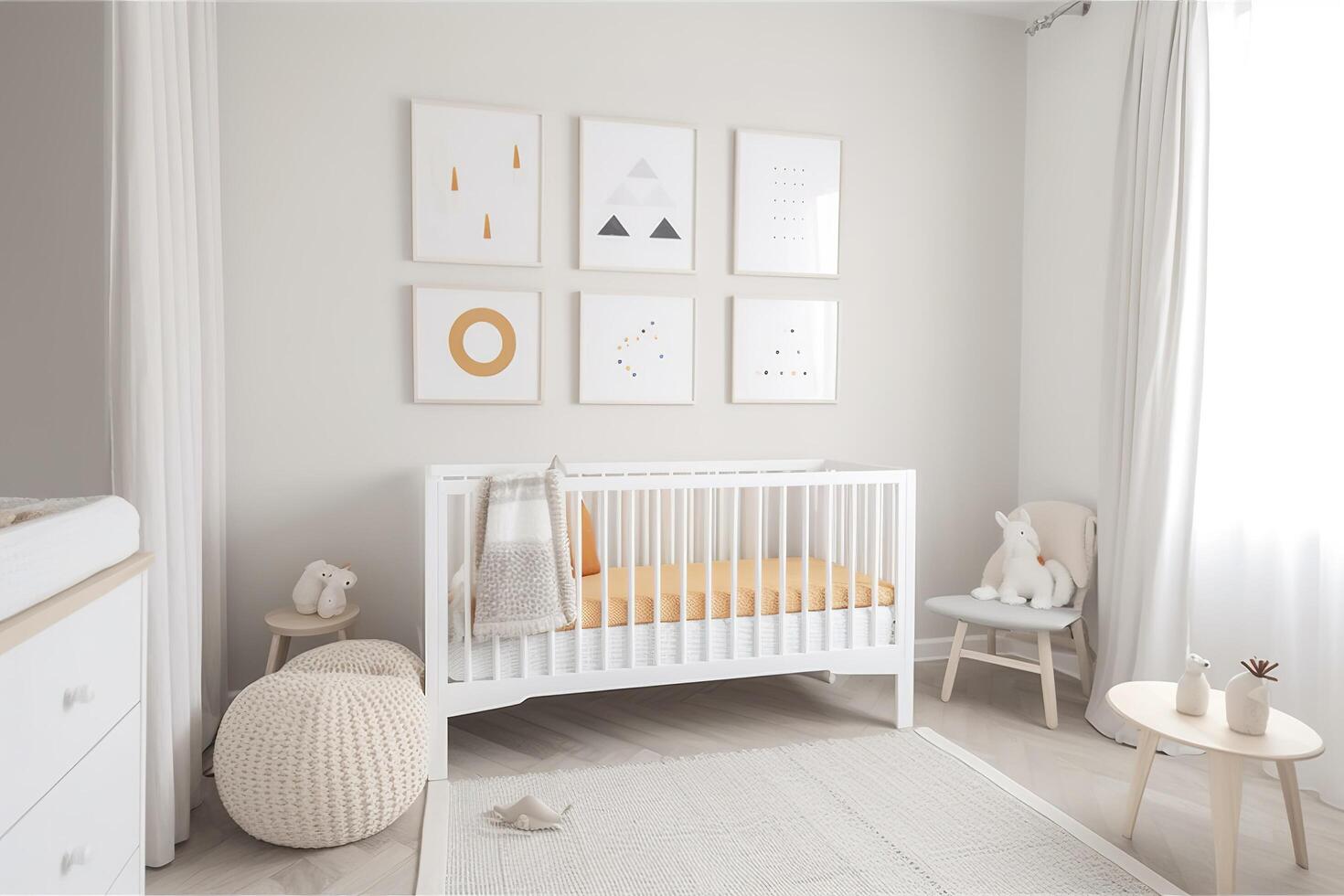 modern minimalistisch Kindergarten Zimmer im skandinavisch Stil. Baby Zimmer Innere im Licht Farben, ai generiert Bild foto