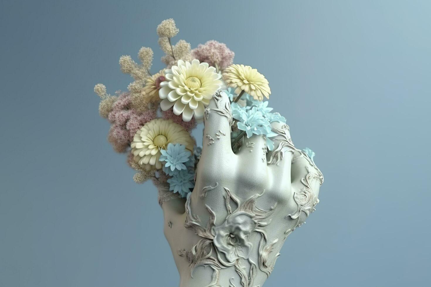 Mensch Hand mit Blumen, Pastell- Farben, auf Blau Hintergrund, 3d machen und Illustration, generieren ai foto