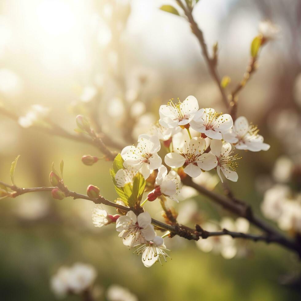 Frühling blühen Hintergrund. Natur Szene mit Blühen Baum und Sonne aufflackern. Frühling Blumen. schön Obstgarten , erzeugen ai foto