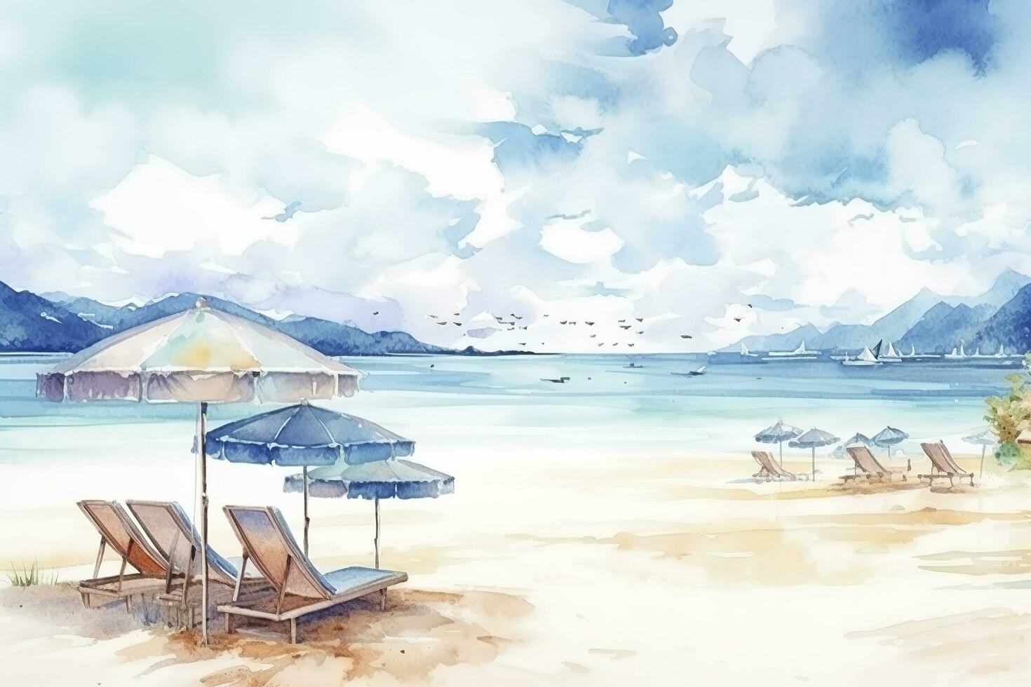 schön Strand Banner. Weiß Sand, Stühle, und Regenschirm Reise Tourismus breit Panorama Hintergrund Konzept. tolle Strand Aquarell Landschaft Aquarell malen, generieren ai foto