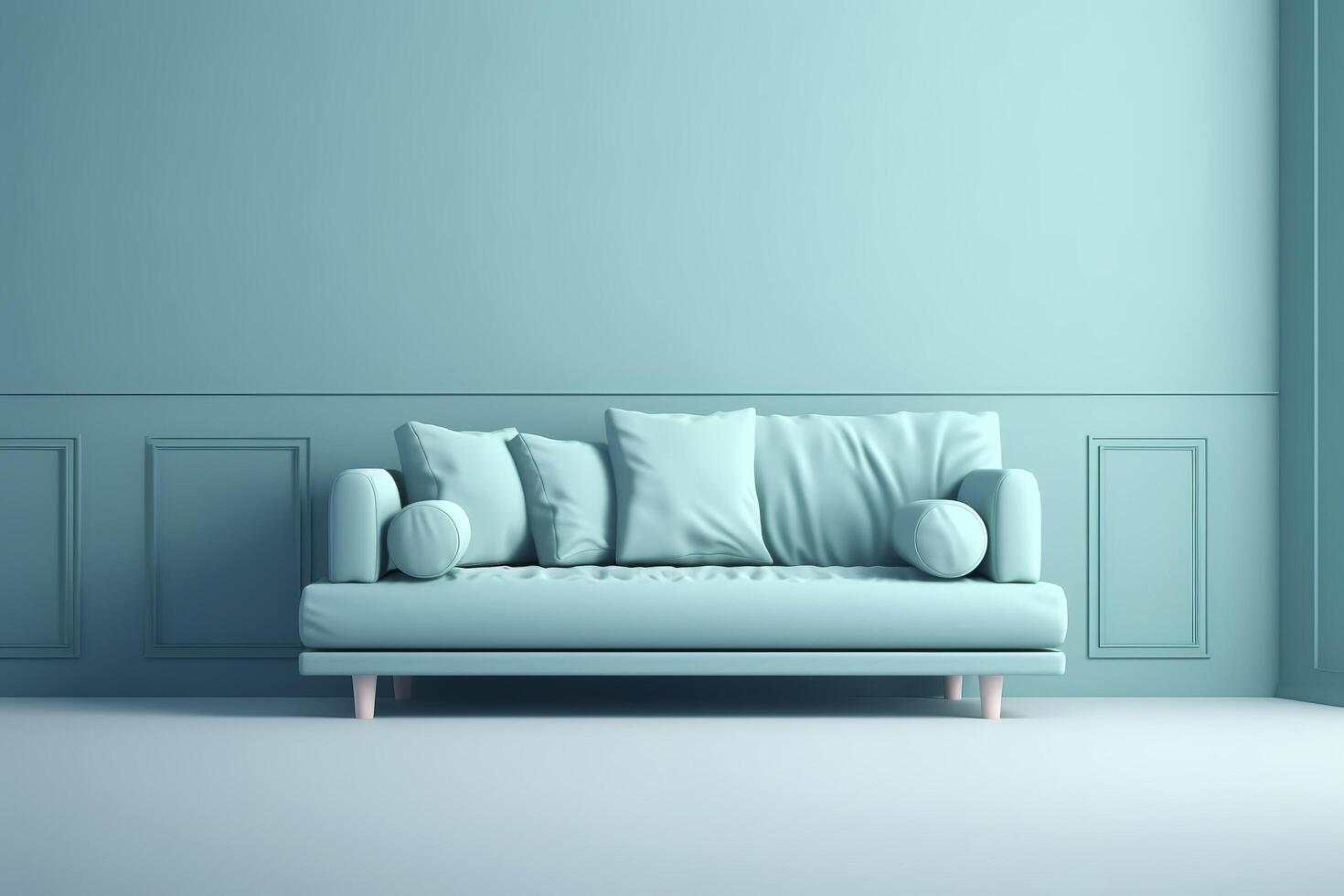 Sanft Blau Sofa auf ein Blau Hintergrund, 3d Illustration, modern minimalistisch Leben Zimmer Innere Detail. Gemütlichkeit, Sozial Medien und Verkauf Konzept, kreativ Werbung Idee, ai generiert Bild. foto