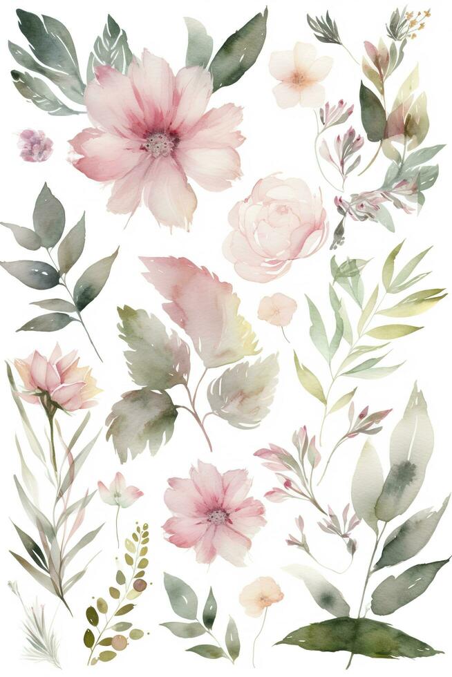 Luxus Hochzeit Einladung Karte Hintergrund Vektor. elegant Aquarell Textur im Pflanzen, Rosa Blume, Blatt. Frühling Blumen- Design Illustration zum Hochzeit und vip Startseite Vorlage, generieren ai foto