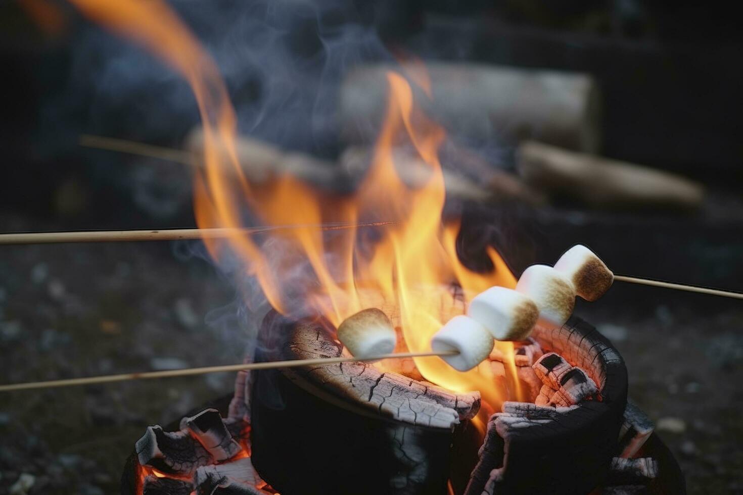 Verbrennung Feuer im ein kompakt Grill, Holz Protokolle verschlungen im rot Flammen, Nahansicht von braten Marshmallows auf Feuer, Rauch erhebt sich, Konzept von Spaß Party, Kochen Delikatesse draußen, generieren ai foto