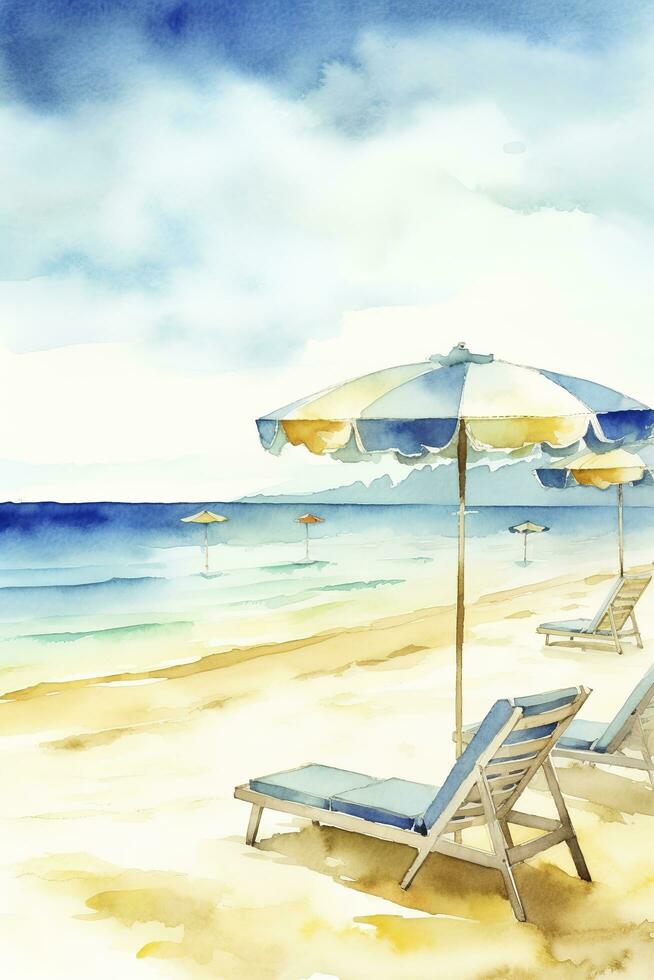 schön Strand Banner. Weiß Sand, Stühle, und Regenschirm Reise Tourismus breit Panorama Hintergrund Konzept. tolle Strand Aquarell Landschaft Aquarell malen, generieren ai foto