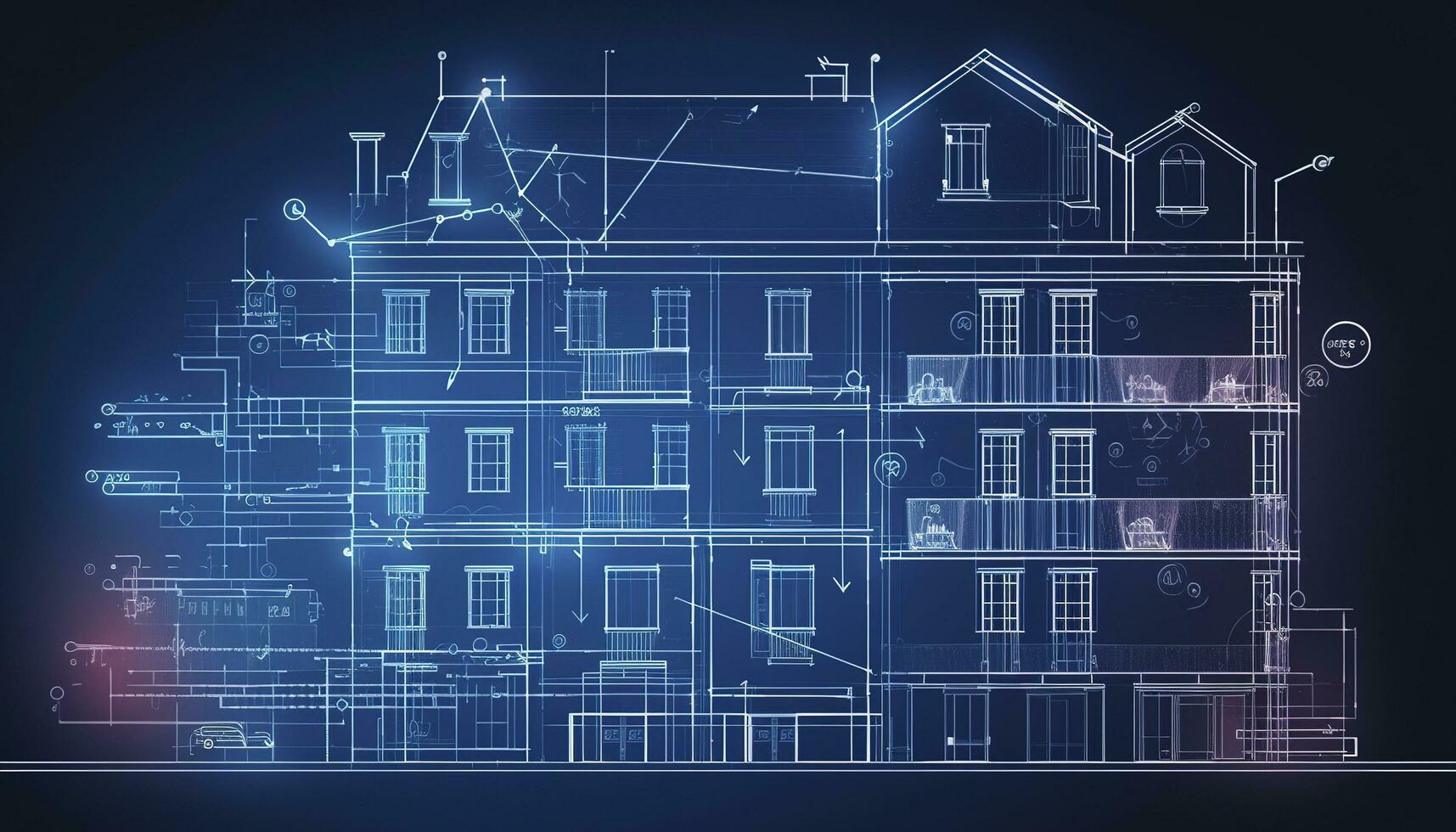 Gebäude Design Konzept. Ingenieurwesen von das autonom System von ein Clever Gebäude. Abfassung von Kommunikation von Haus. Projekt Entwicklung von Wohnung Haus. architektonisch Zeichnung, generieren ai foto