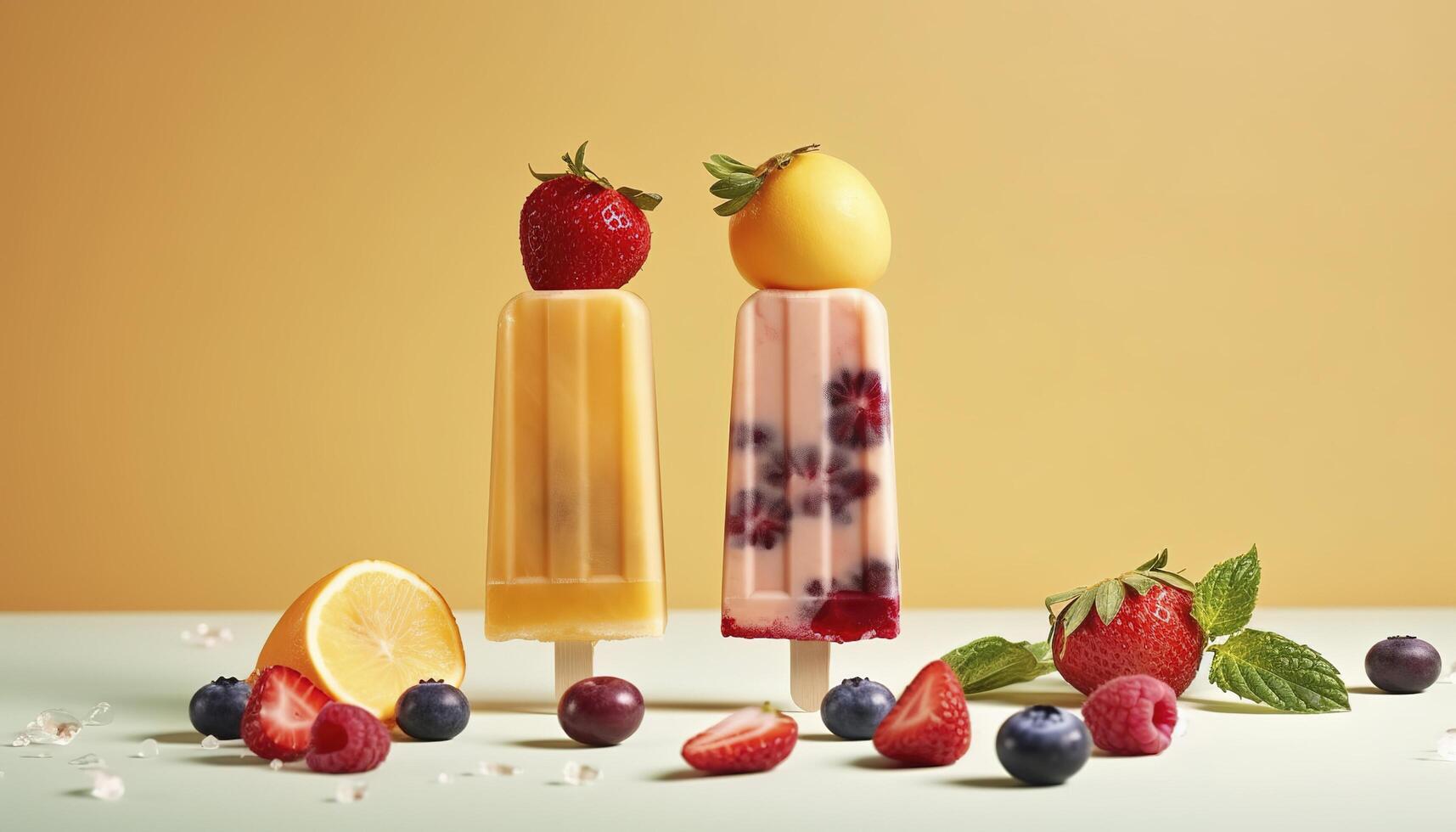 schweben Eis Sahne Eis am Stiel mit Obst und Beeren auf Pastell- Hintergrund, kostenlos Copyspace zum Text. fliegend Eis Creme, Sommer- Nachtisch, gefroren Obst Saft. ai generiert Bild foto